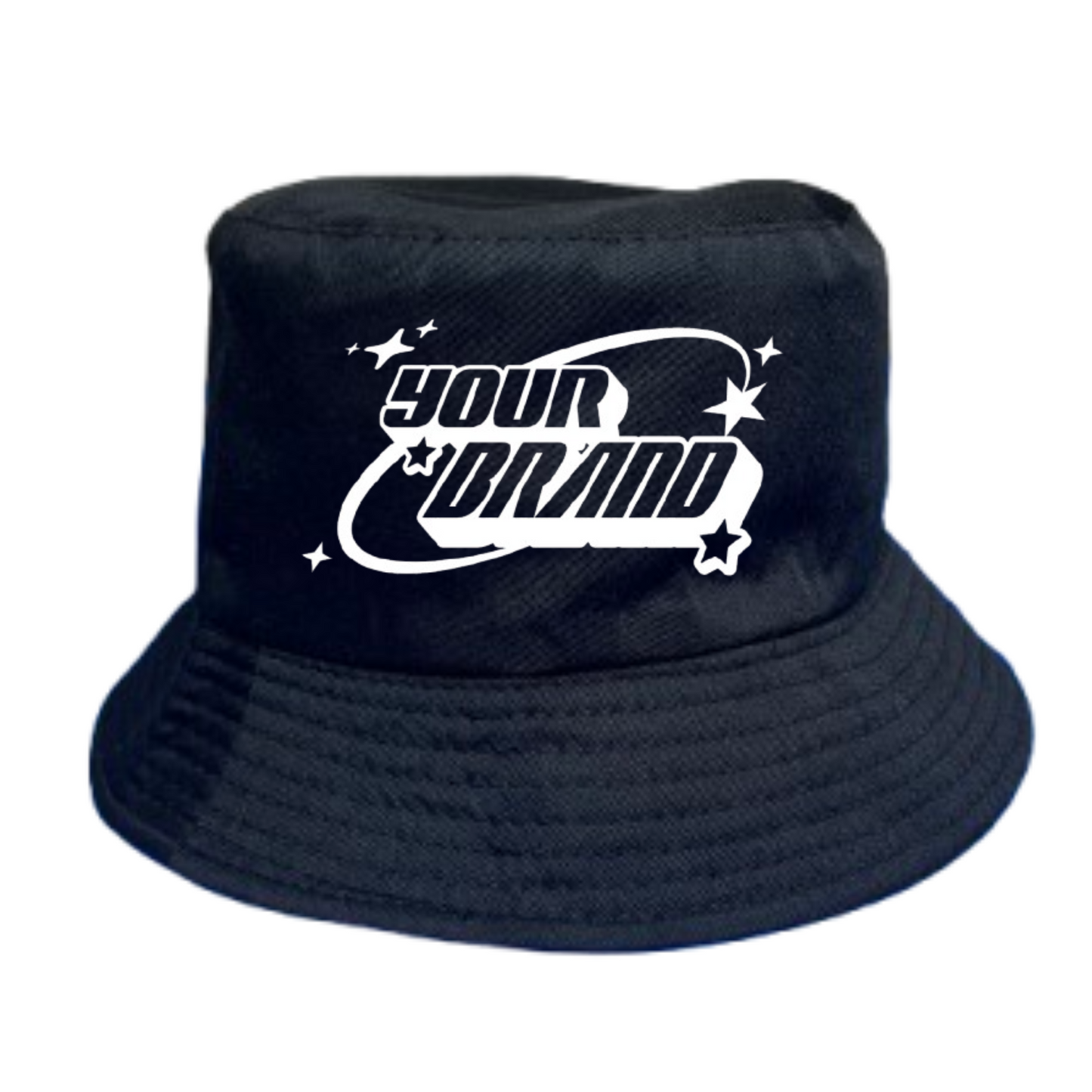 A black bucket hat with a white text logo on the front.