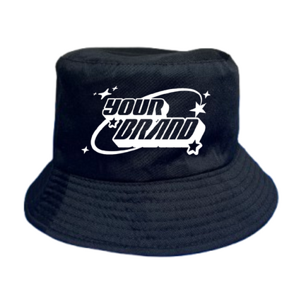 A black bucket hat with a white text logo on the front.