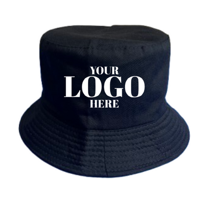 Black bucket hat with 'Your Logo Here' text on a white background