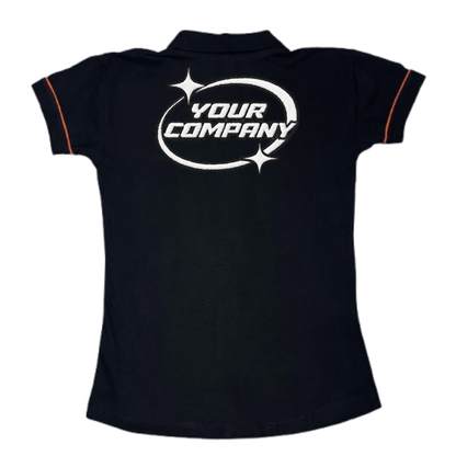 ladies multi color polo shirt with embroidery logo back view on a white background