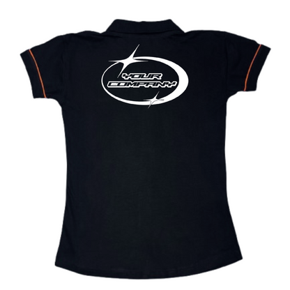 Back view of Multicolor Ladies Polo Shirt with DTF print – customizable apparel by Anza Print